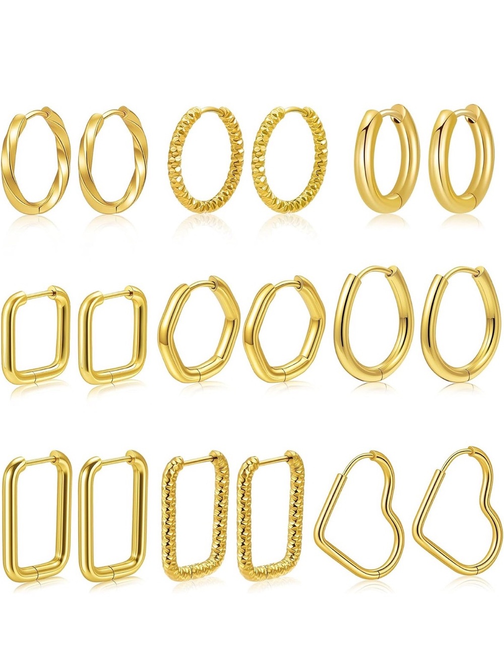 LIHADA 14K Gold Plated Surgical Steel Hoop Earrings 9 Pair Set
